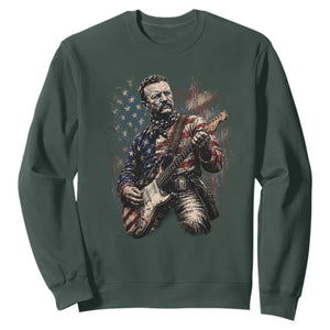 Teddy Roosevelt Playing Guitar 4th of July Sweatshirt TS14 Dark Forest Green Print Your Wear
