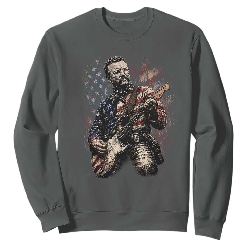 Teddy Roosevelt Playing Guitar 4th of July Sweatshirt TS14 Dark Heather Print Your Wear