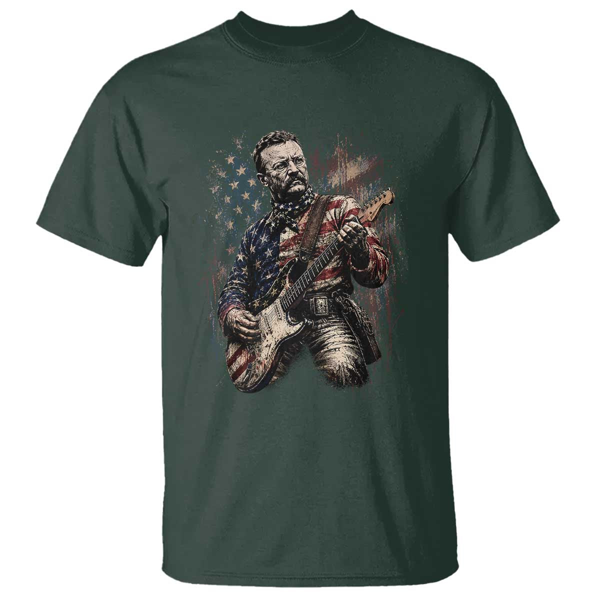 Teddy Roosevelt Playing Guitar 4th of July T Shirt TS14 Dark Forest Green Print Your Wear