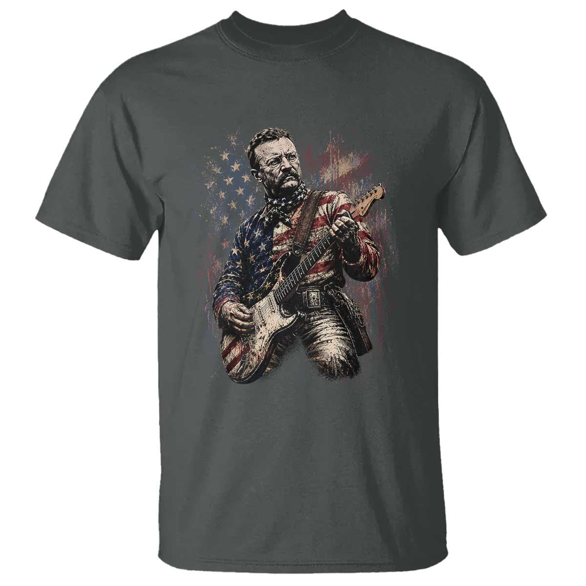 Teddy Roosevelt Playing Guitar 4th of July T Shirt TS14 Dark Heather Print Your Wear