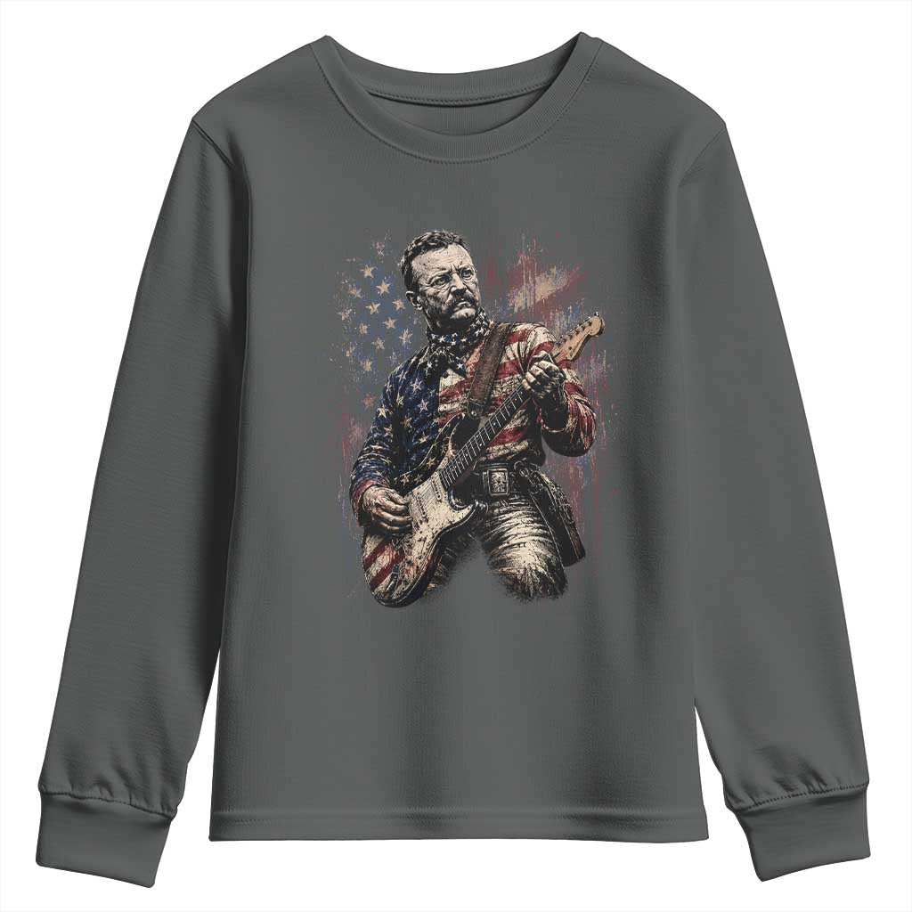 Teddy Roosevelt Playing Guitar 4th of July Youth Sweatshirt TS14 Dark Heather Print Your Wear