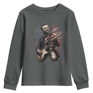 Teddy Roosevelt Playing Guitar 4th of July Youth Sweatshirt TS14 Dark Heather Print Your Wear