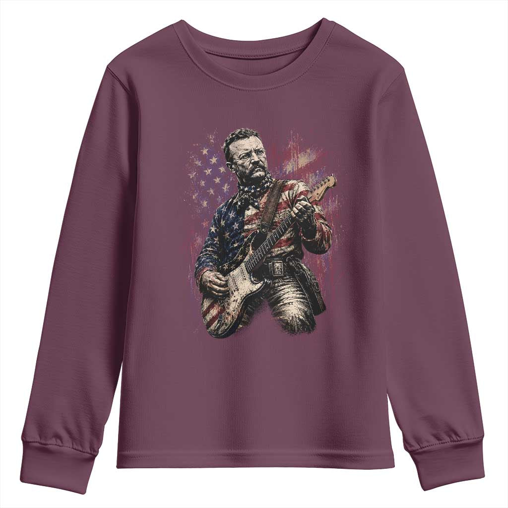 Teddy Roosevelt Playing Guitar 4th of July Youth Sweatshirt TS14 Maroon Print Your Wear