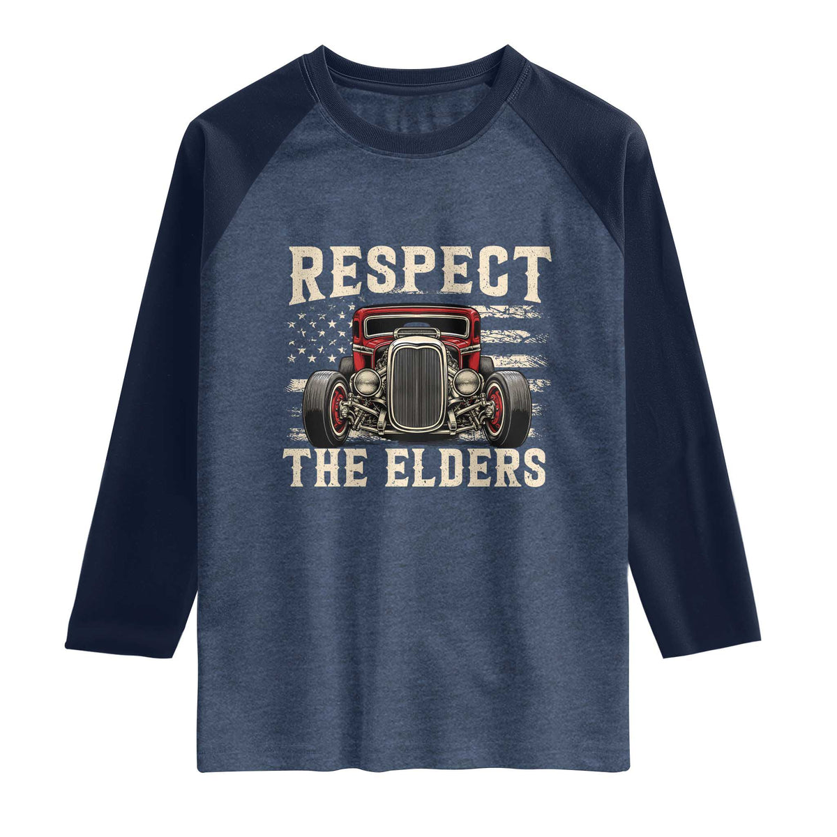 Respect The Elders Raglan Shirt 1932 American Classic Hotrod TS14 Heather Denim Navy Print Your Wear