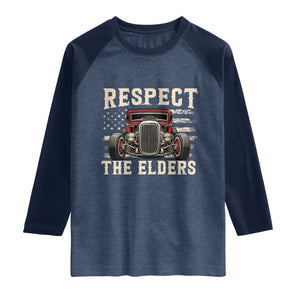 Respect The Elders Raglan Shirt 1932 American Classic Hotrod TS14 Heather Denim Navy Print Your Wear