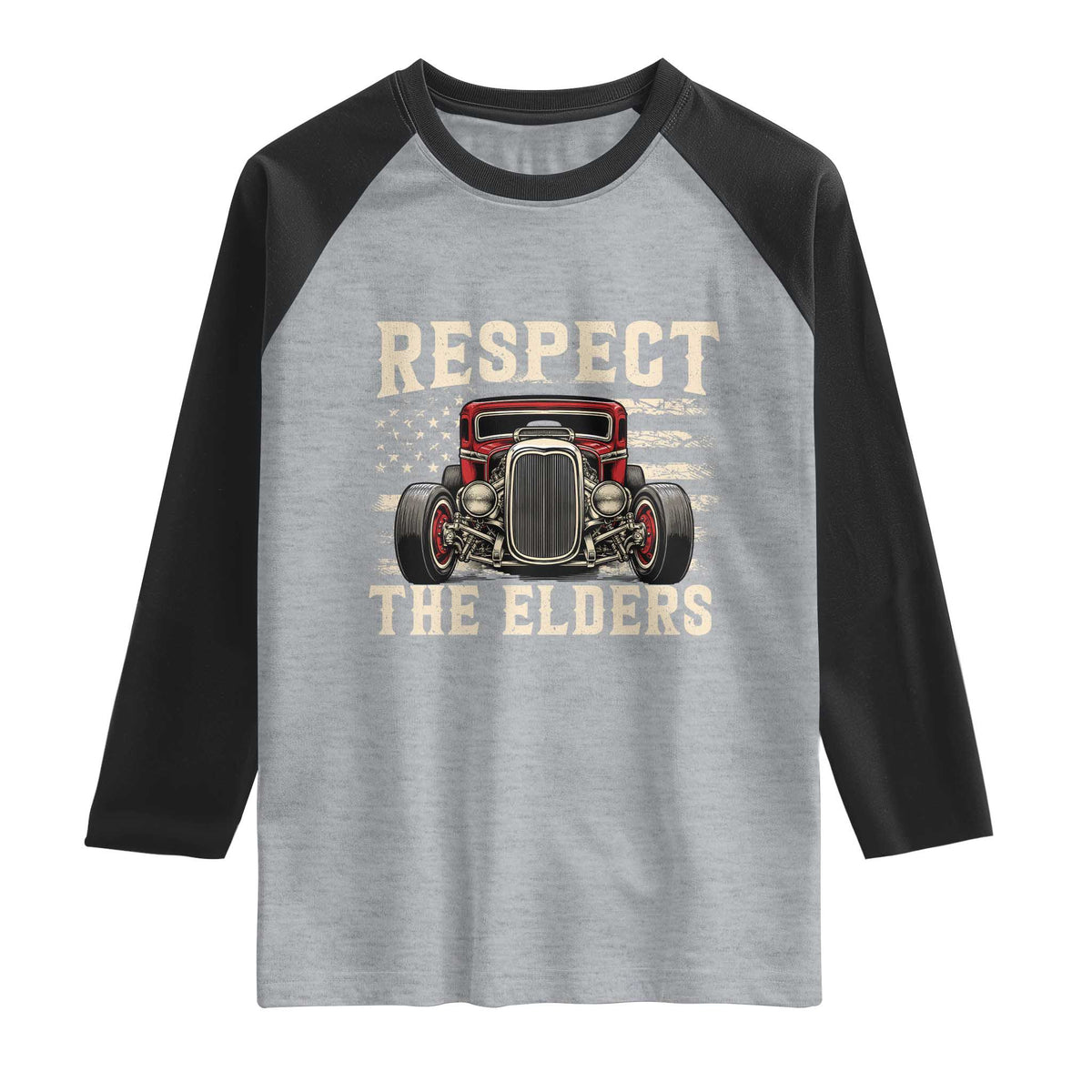 Respect The Elders Raglan Shirt 1932 American Classic Hotrod TS14 Heather Gray Black Print Your Wear