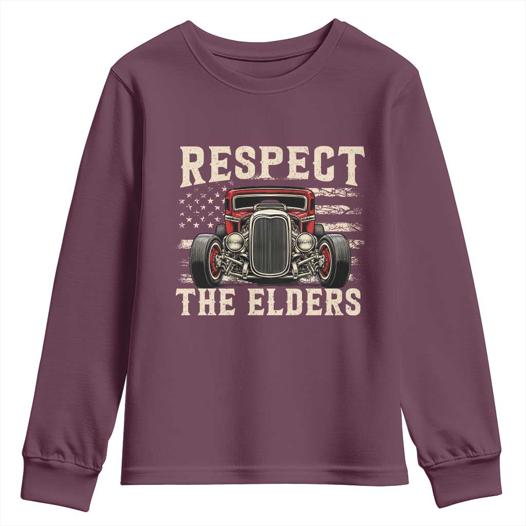 Respect The Elders Youth Sweatshirt 1932 American Classic Hotrod TS14 Maroon Print Your Wear