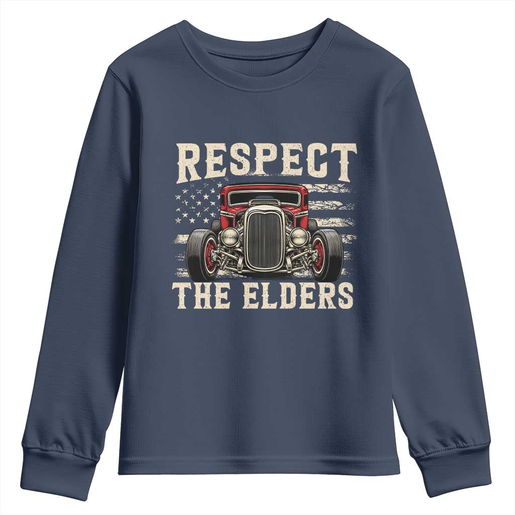 Respect The Elders Youth Sweatshirt 1932 American Classic Hotrod TS14 Navy Print Your Wear