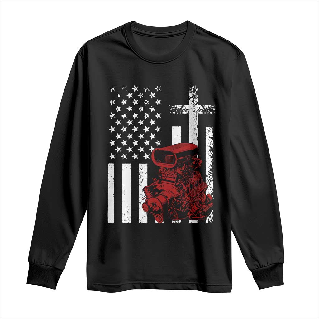 Classic Big Block Blower Long Sleeve Shirt Patriotic Racing Engine American Flag Christian Cross TS14 Black Print Your Wear