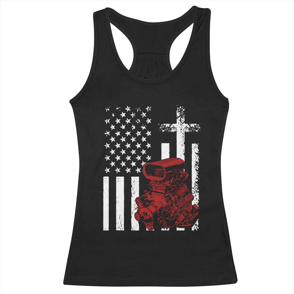 Classic Big Block Blower Racerback Tank Top Patriotic Racing Engine American Flag Christian Cross TS14 Black Print Your Wear