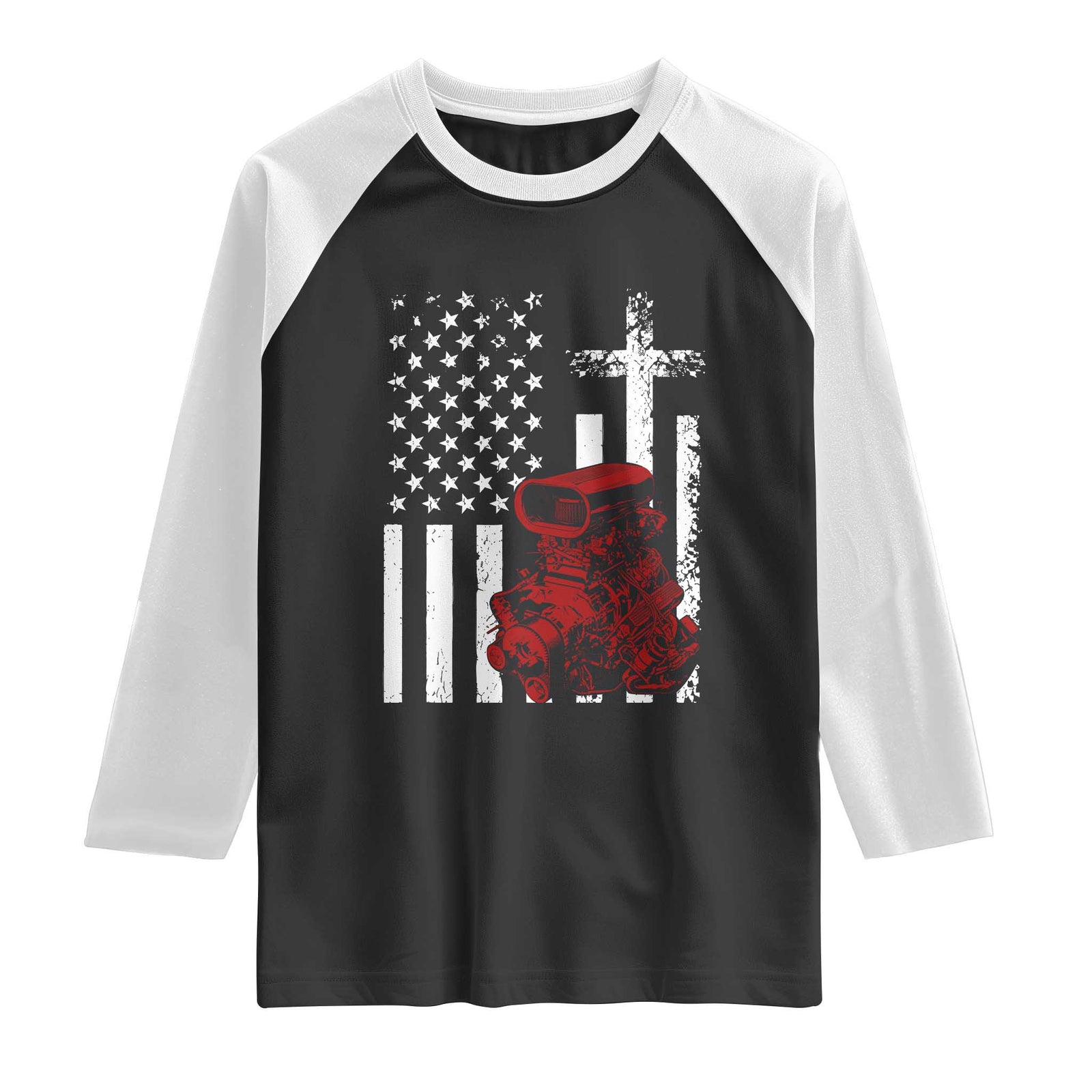 Classic Big Block Blower Raglan Shirt Patriotic Racing Engine American Flag Christian Cross TS14 Black White Print Your Wear