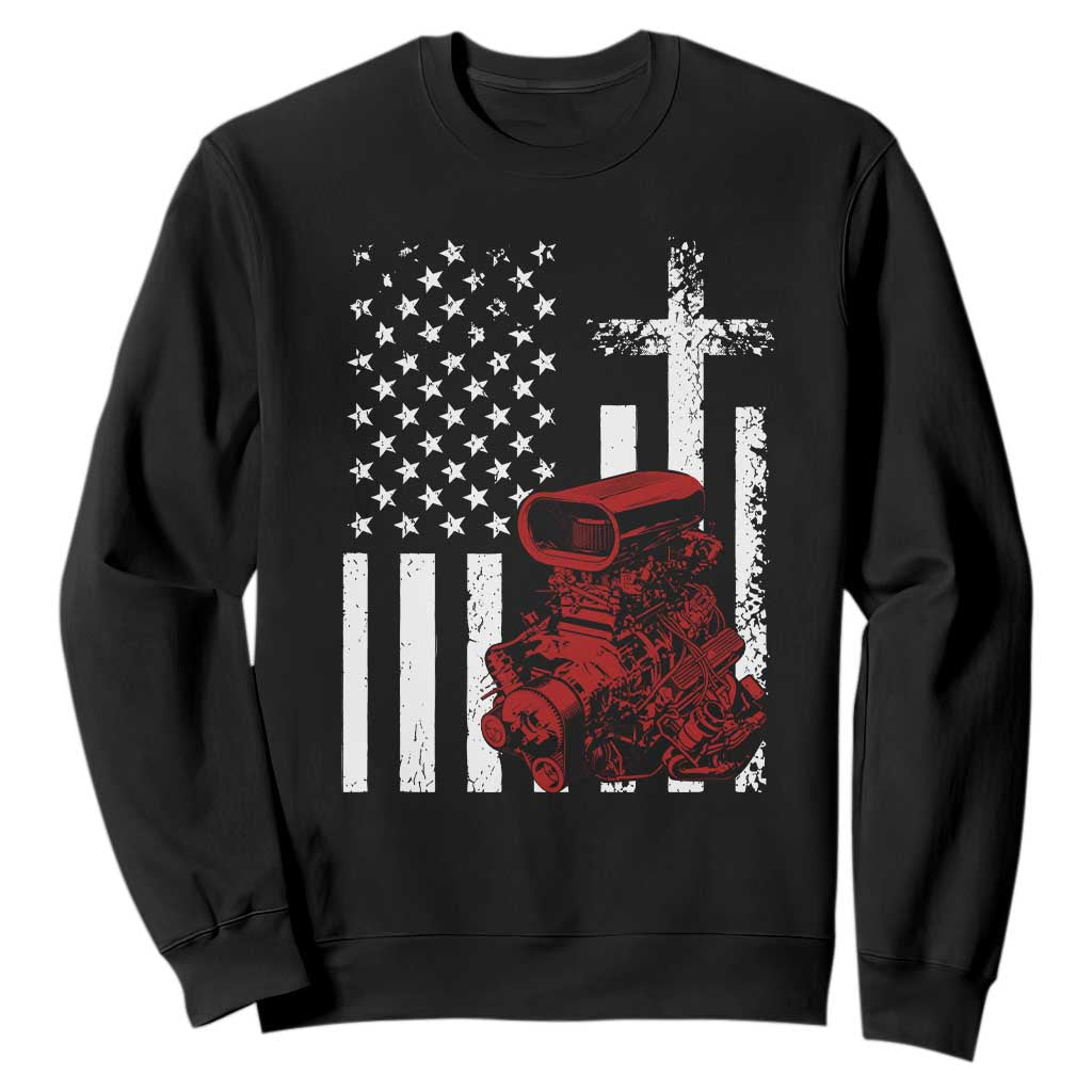 Classic Big Block Blower Sweatshirt Patriotic Racing Engine American Flag Christian Cross TS14 Black Print Your Wear