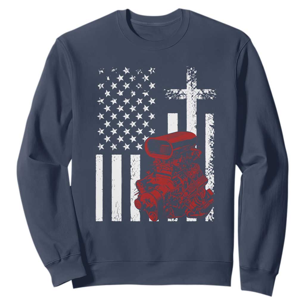 Classic Big Block Blower Sweatshirt Patriotic Racing Engine American Flag Christian Cross TS14 Navy Print Your Wear