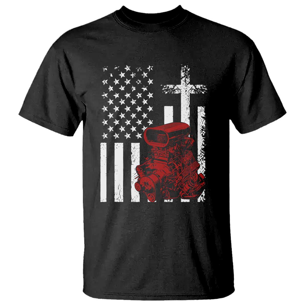 Classic Big Block Blower T Shirt Patriotic Racing Engine American Flag Christian Cross TS14 Black Print Your Wear