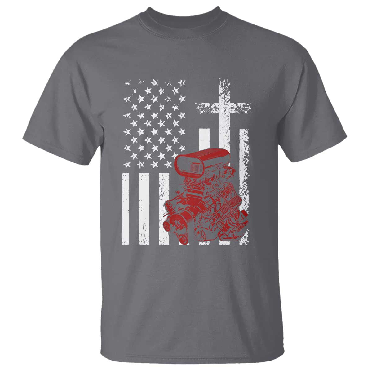 Classic Big Block Blower T Shirt Patriotic Racing Engine American Flag Christian Cross TS14 Charcoal Print Your Wear