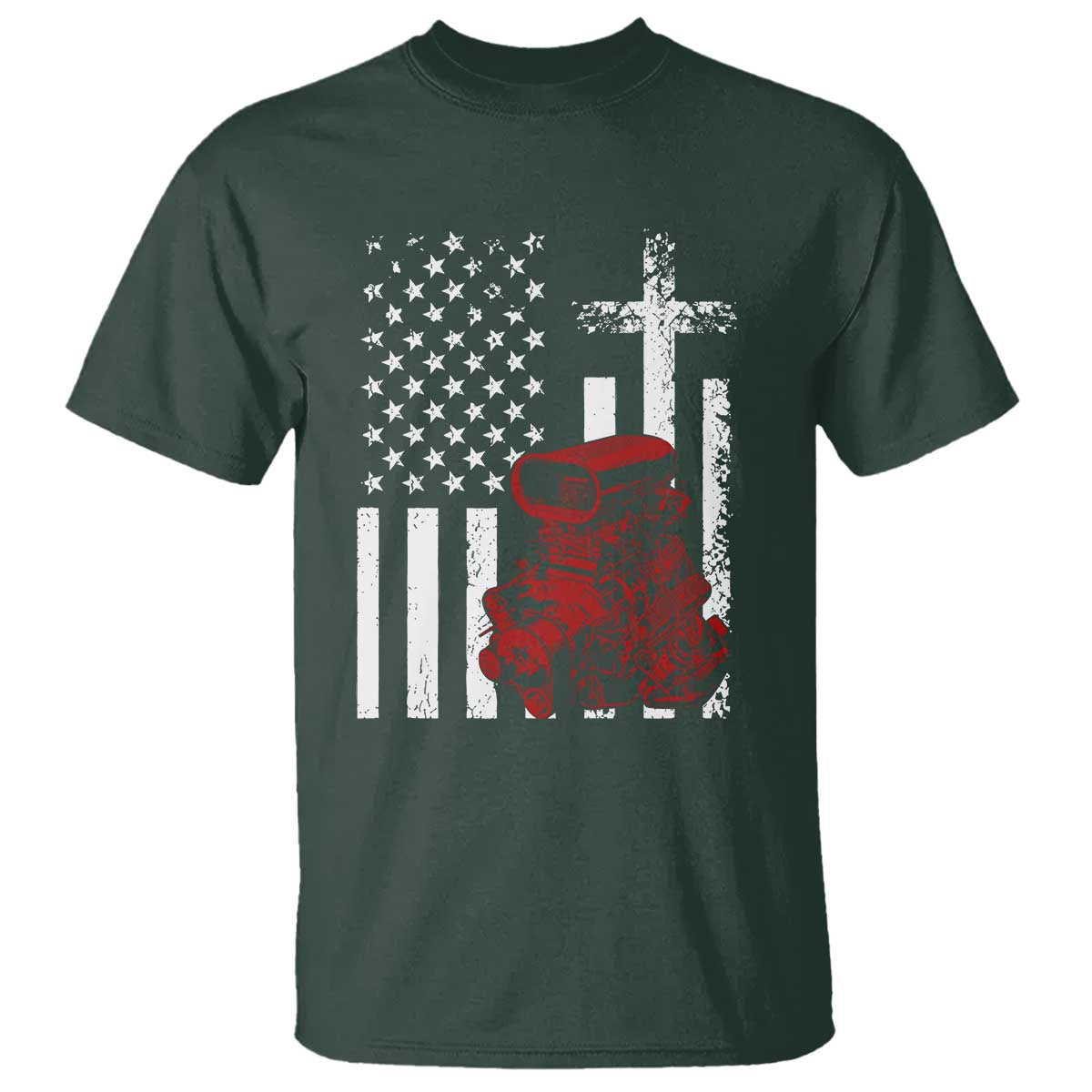 Classic Big Block Blower T Shirt Patriotic Racing Engine American Flag Christian Cross TS14 Dark Forest Green Print Your Wear