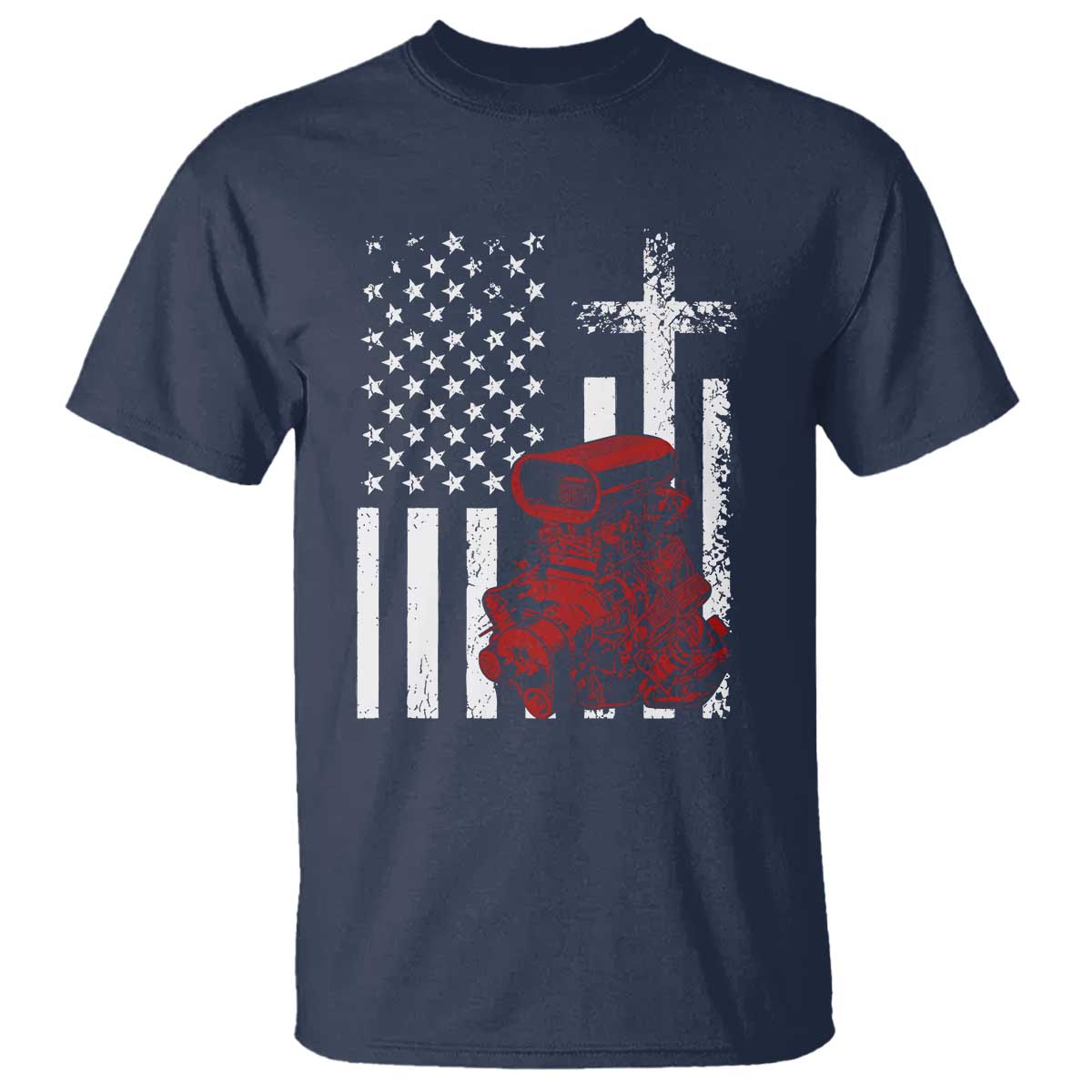 Classic Big Block Blower T Shirt Patriotic Racing Engine American Flag Christian Cross TS14 Navy Print Your Wear