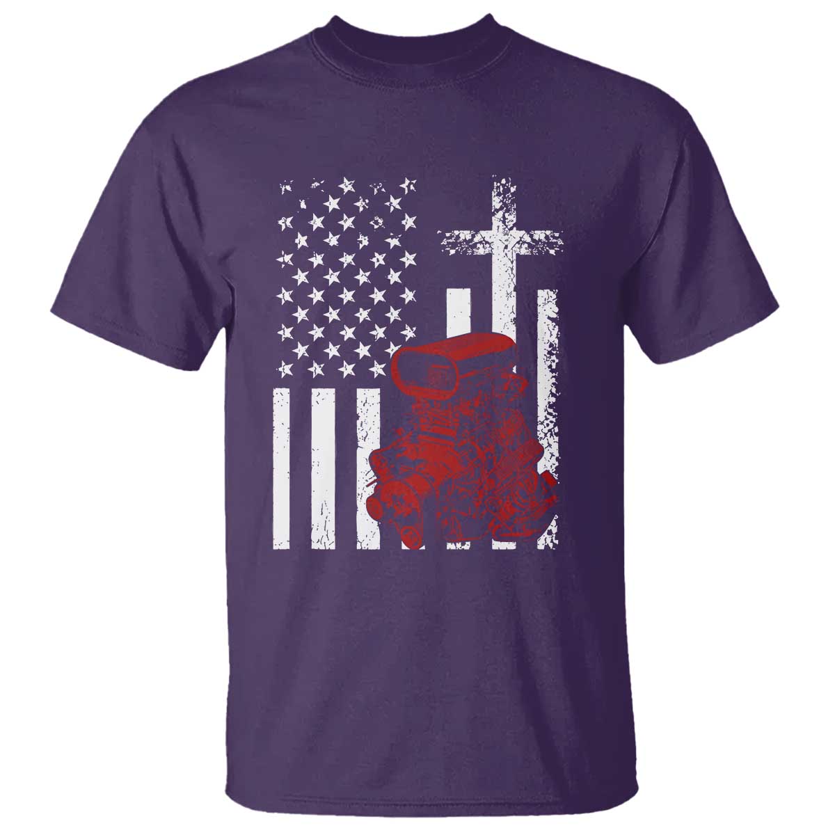 Classic Big Block Blower T Shirt Patriotic Racing Engine American Flag Christian Cross TS14 Purple Print Your Wear
