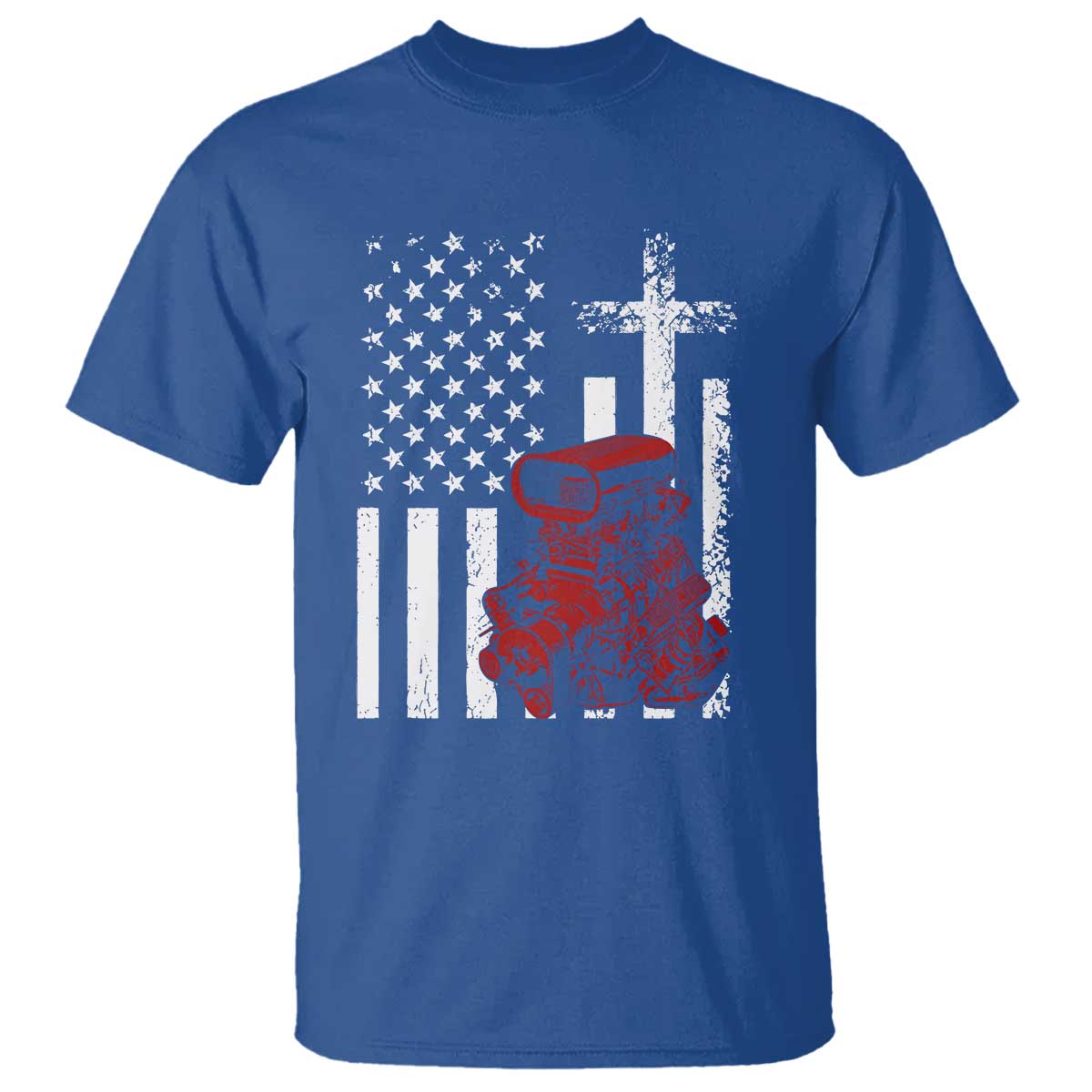 Classic Big Block Blower T Shirt Patriotic Racing Engine American Flag Christian Cross TS14 Royal Blue Print Your Wear