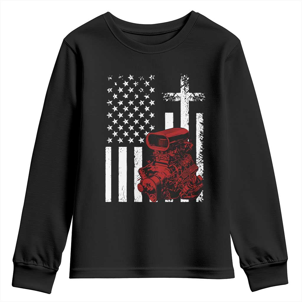 Classic Big Block Blower Youth Sweatshirt Patriotic Racing Engine American Flag Christian Cross TS14 Black Print Your Wear