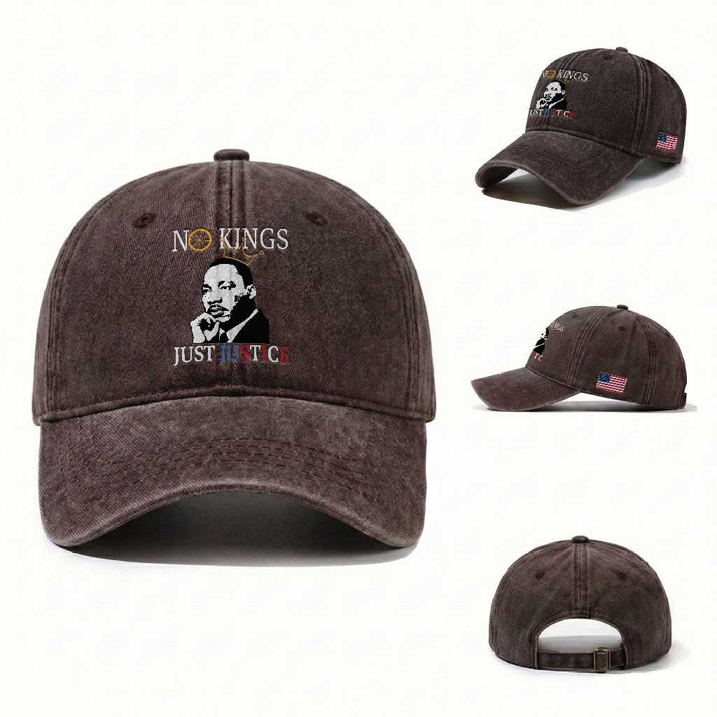 Martin Luther King Jr Washed Cotton Baseball Cap No Kings Just Justice TS14 Washed Cap Universal Fit Dark Brown Print Your Wear