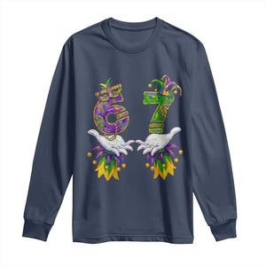 67 Mardi Gras Meme Long Sleeve Shirt Funny Six Seven Hand Carnival Trendy TS14 Navy Print Your Wear