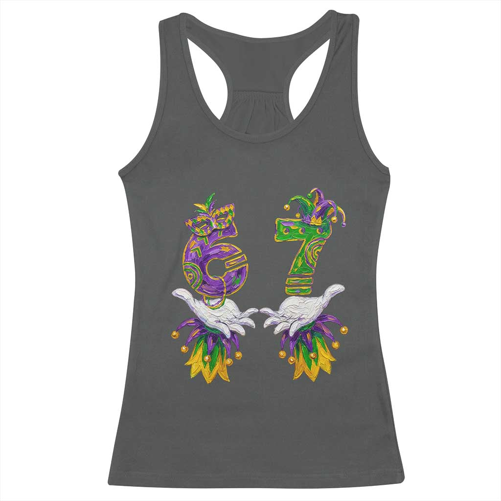 67 Mardi Gras Meme Racerback Tank Top Funny Six Seven Hand Carnival Trendy TS14 Dark Heather Print Your Wear