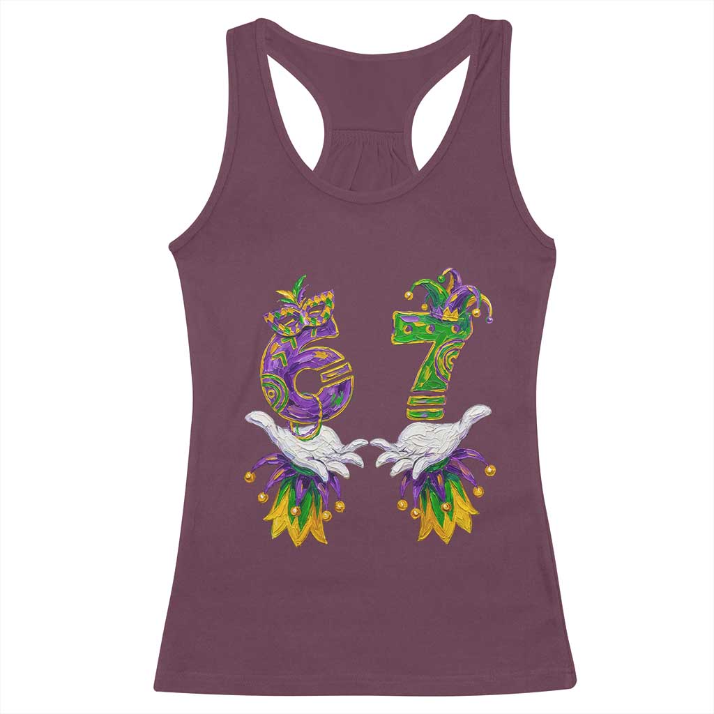 67 Mardi Gras Meme Racerback Tank Top Funny Six Seven Hand Carnival Trendy TS14 Maroon Print Your Wear