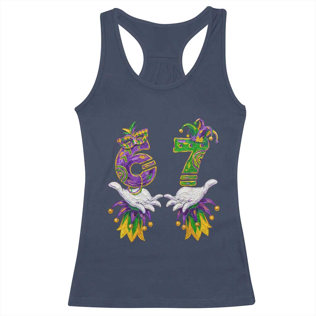 67 Mardi Gras Meme Racerback Tank Top Funny Six Seven Hand Carnival Trendy TS14 Navy Print Your Wear