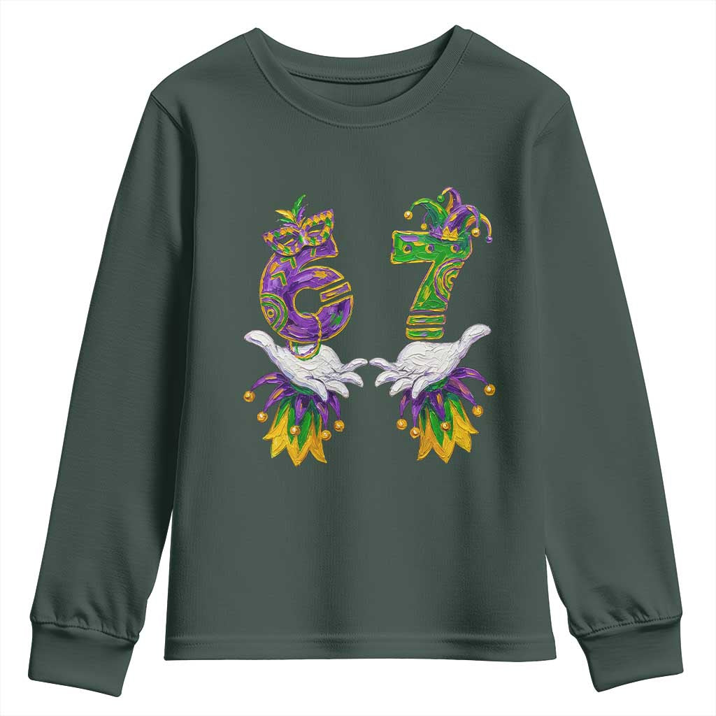 67 Mardi Gras Meme Youth Sweatshirt Funny Six Seven Hand Carnival Trendy TS14 Dark Forest Green Print Your Wear