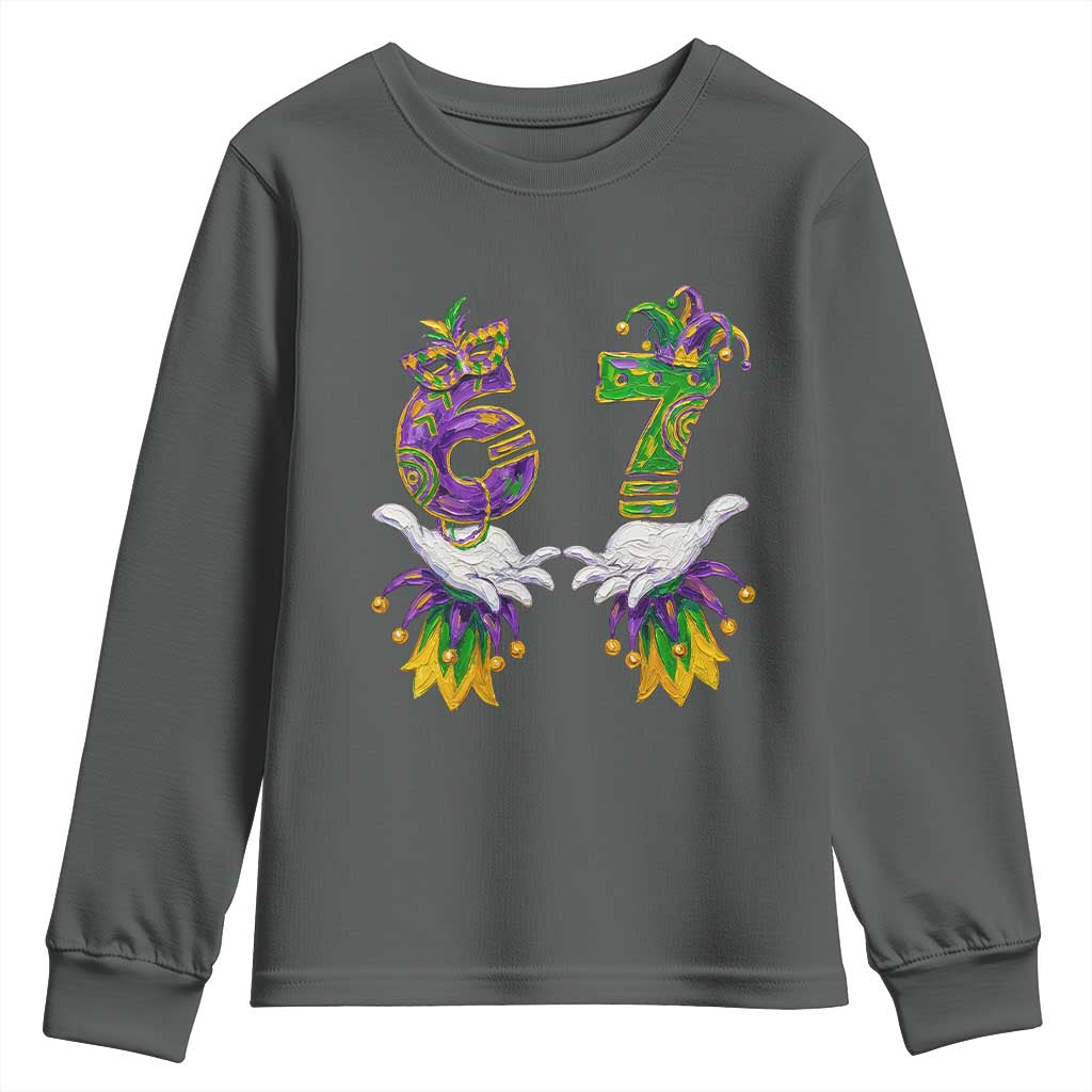 67 Mardi Gras Meme Youth Sweatshirt Funny Six Seven Hand Carnival Trendy TS14 Dark Heather Print Your Wear