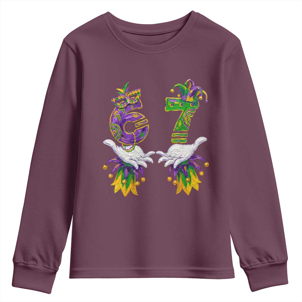67 Mardi Gras Meme Youth Sweatshirt Funny Six Seven Hand Carnival Trendy TS14 Maroon Print Your Wear