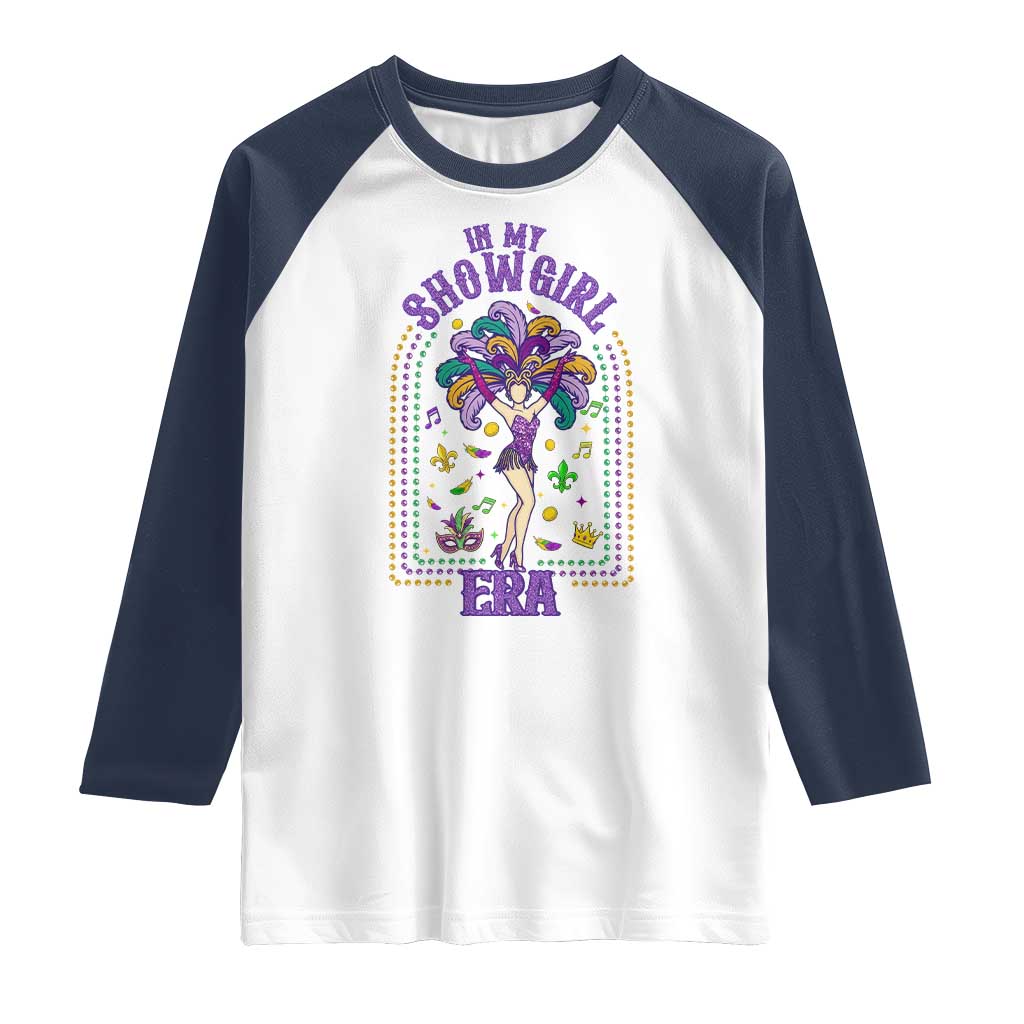 Mardi Gras Queen Raglan Shirt In My Showgirl Era TS14 White Navy Print Your Wear