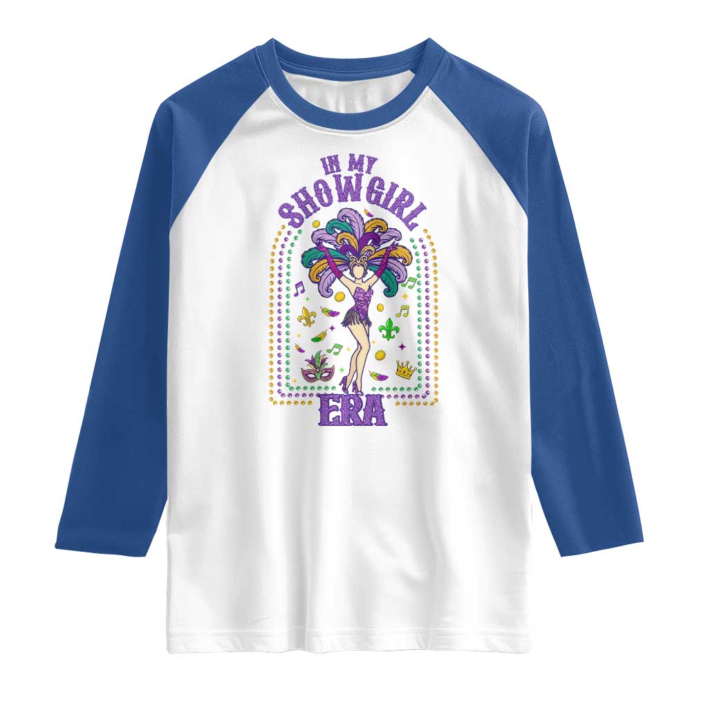 Mardi Gras Queen Raglan Shirt In My Showgirl Era TS14 White Royal Print Your Wear