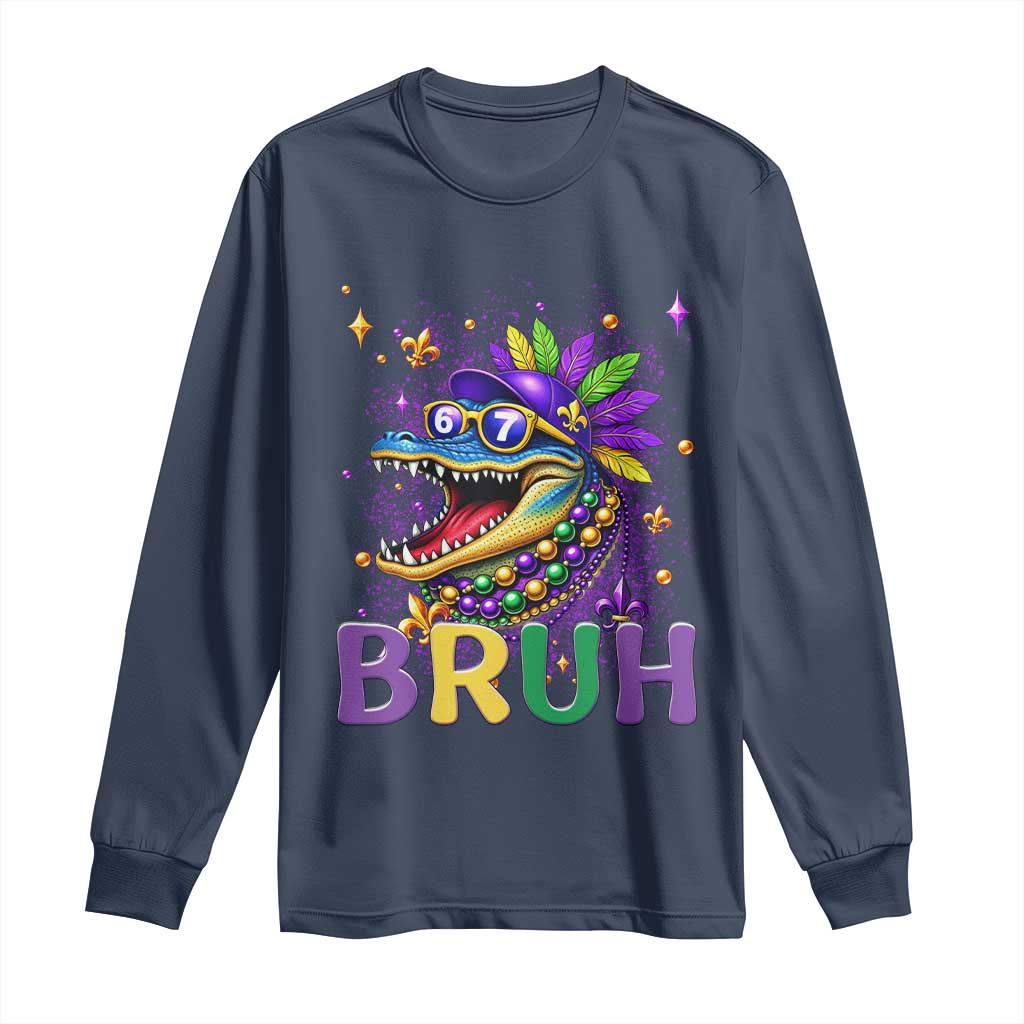 67 Mardi Gras Long Sleeve Shirt Funny Alligator Six Seven Bruh Meme TS14 Navy Print Your Wear