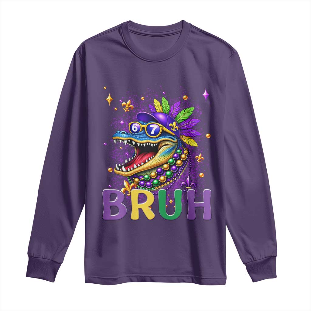 67 Mardi Gras Long Sleeve Shirt Funny Alligator Six Seven Bruh Meme TS14 Purple Print Your Wear