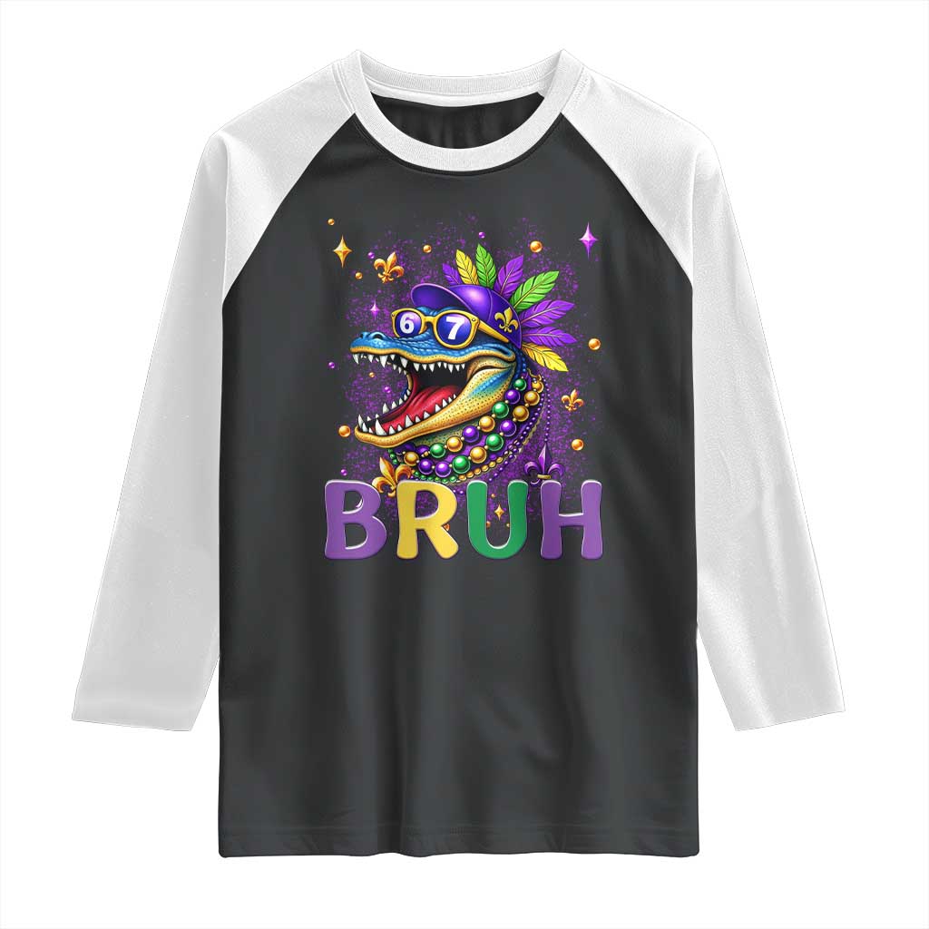 67 Mardi Gras Raglan Shirt Funny Alligator Six Seven Bruh Meme TS14 Black White Print Your Wear