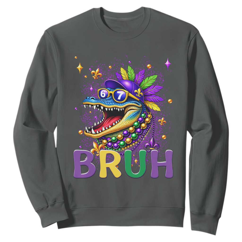 67 Mardi Gras Sweatshirt Funny Alligator Six Seven Bruh Meme TS14 Dark Heather Print Your Wear