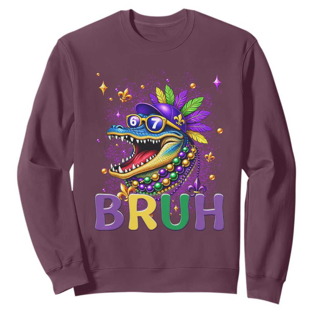 67 Mardi Gras Sweatshirt Funny Alligator Six Seven Bruh Meme TS14 Maroon Print Your Wear