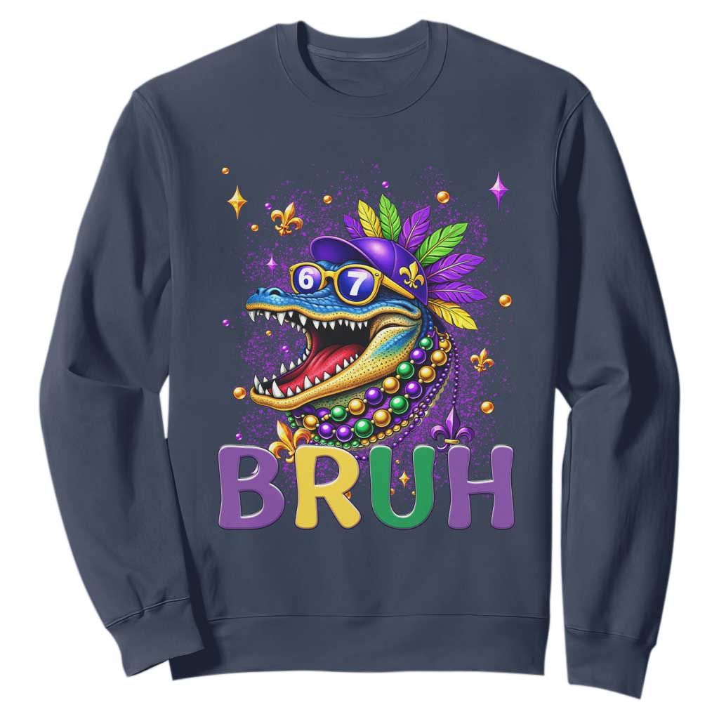 67 Mardi Gras Sweatshirt Funny Alligator Six Seven Bruh Meme TS14 Navy Print Your Wear