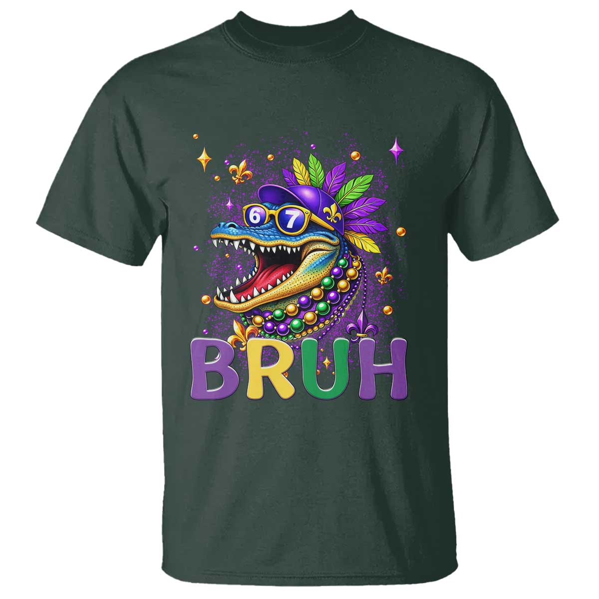 67 Mardi Gras T Shirt Funny Alligator Six Seven Bruh Meme TS14 Dark Forest Green Print Your Wear