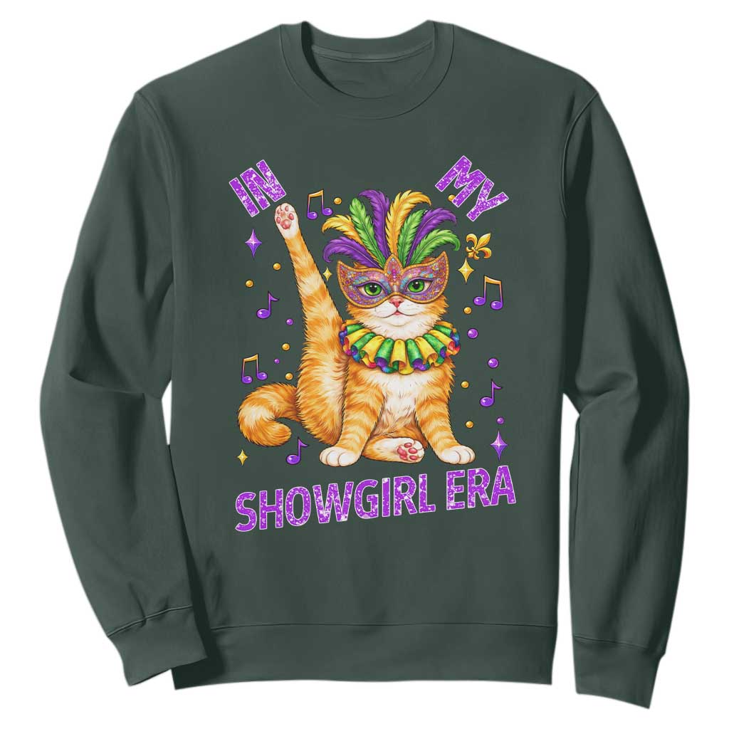 Mardi Gras Cat Sweatshirt In My Showgirl Era TS14 Dark Forest Green Print Your Wear