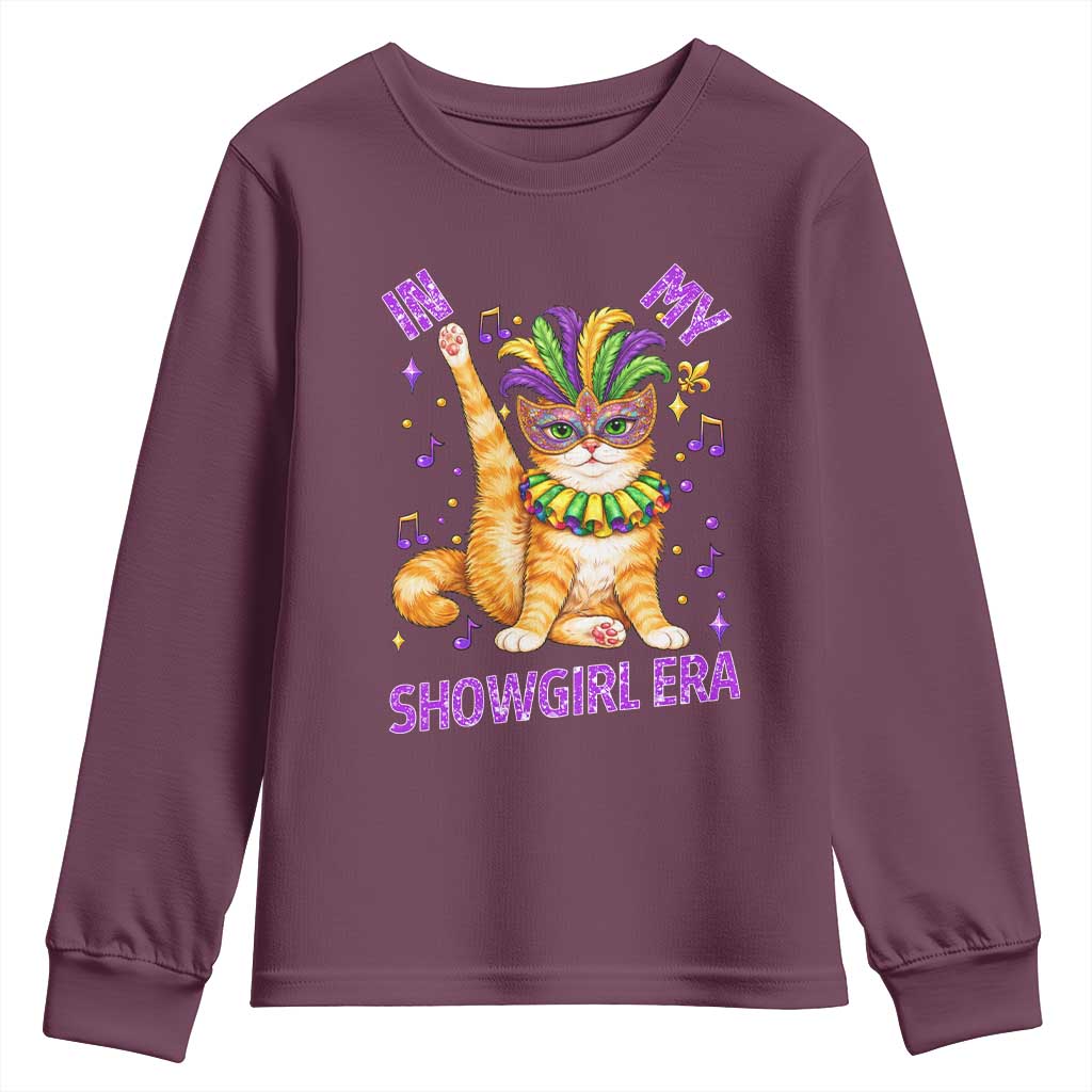 Mardi Gras Cat Youth Sweatshirt In My Showgirl Era TS14 Maroon Print Your Wear