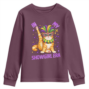Mardi Gras Cat Youth Sweatshirt In My Showgirl Era TS14 Maroon Print Your Wear