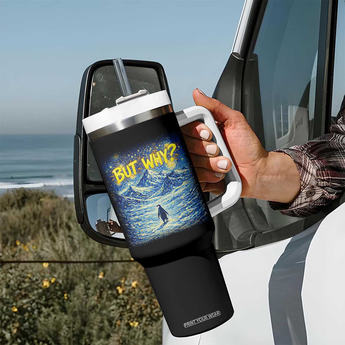 But Why Penguin Tumbler With Handle Starry Night Van Gogh Nihilist Penguin Hiking TS14 Print Your Wear