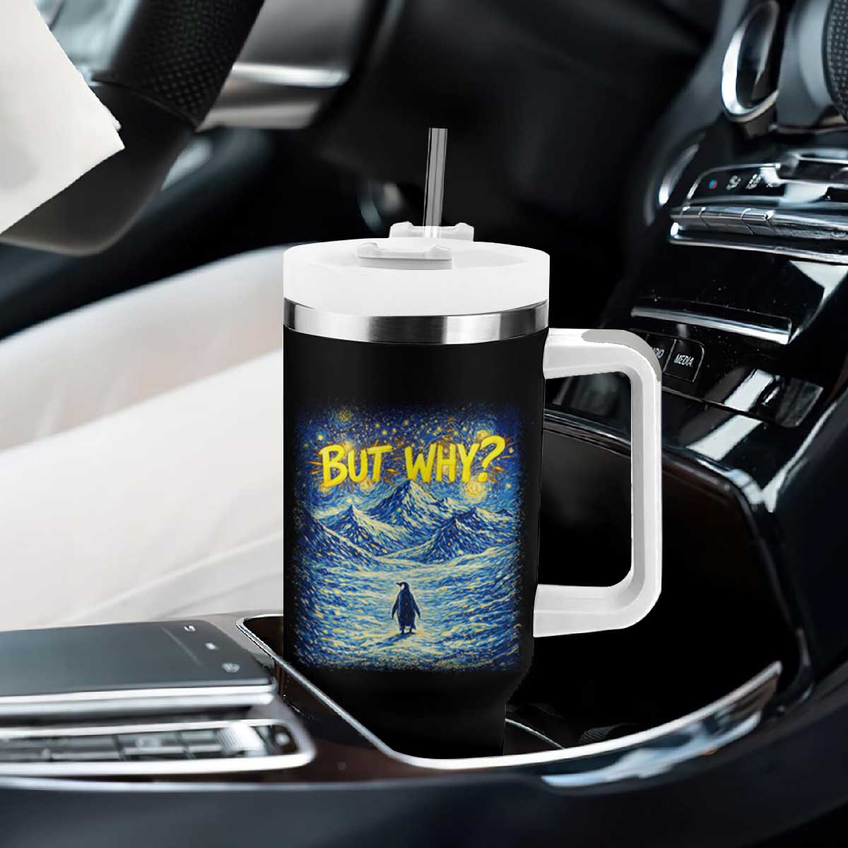 But Why Penguin Tumbler With Handle Starry Night Van Gogh Nihilist Penguin Hiking TS14 Print Your Wear