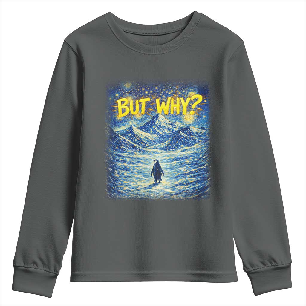 But Why Penguin Youth Sweatshirt Starry Night Van Gogh Nihilist Penguin Hiking TS14 Dark Heather Print Your Wear