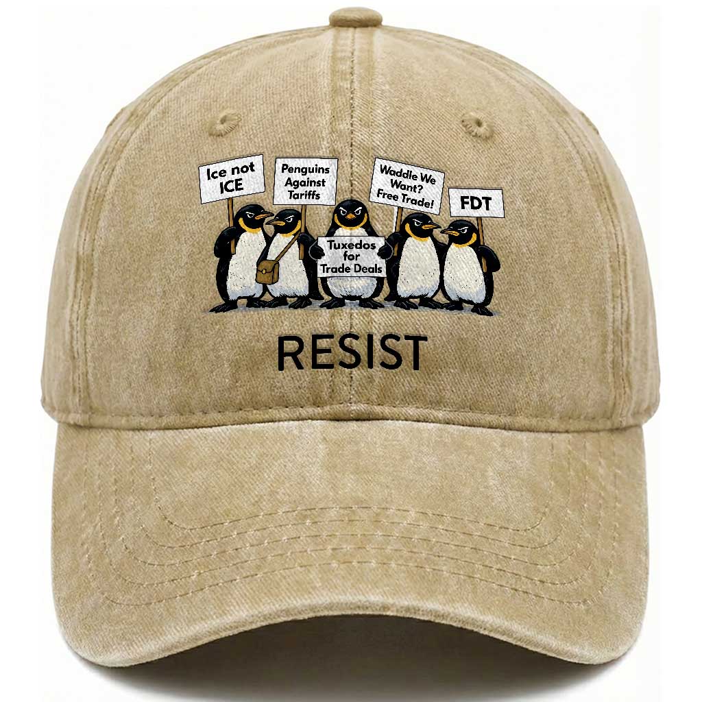 Penguins Resist Washed Cotton Baseball Cap Nihilist Penguin Anti-Government Meme TS14 Washed Cap Universal Fit Khaki Print Your Wear