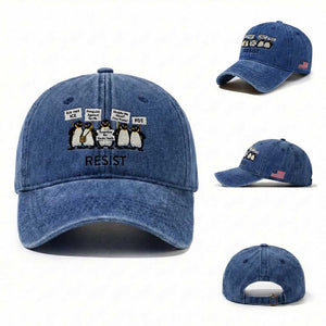 Penguins Resist Washed Cotton Baseball Cap Nihilist Penguin Anti-Government Meme TS14 Washed Cap Universal Fit Royal Blue Print Your Wear