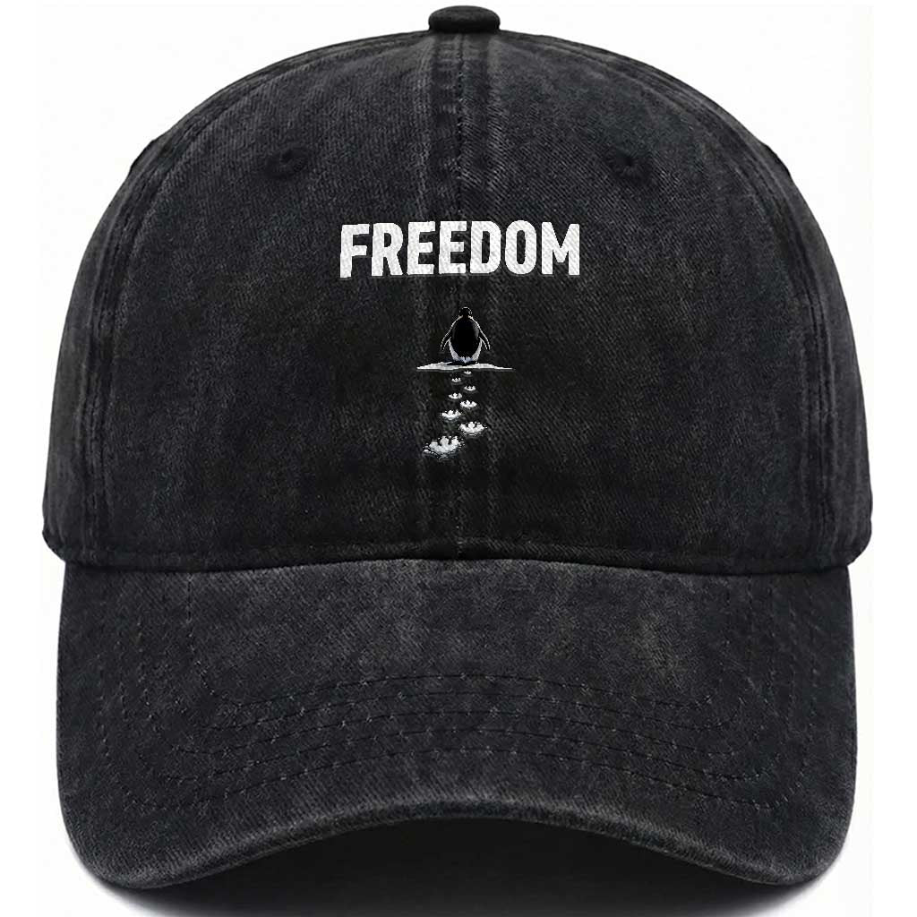 Penguin Freedom Washed Cotton Baseball Cap Funny Nihilist Penguin Hiking Mountains TS14 Washed Cap Universal Fit Black Print Your Wear